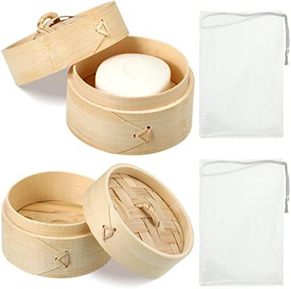 Chengu Natural Bamboo Soap Bar Holder with Lid Soap Dish Drain Foaming Net Shampoo Container Wood Tray Handmade Bamboo Case for Bathroom Shower Kitchen(4 Pcs,5.1 Inch)