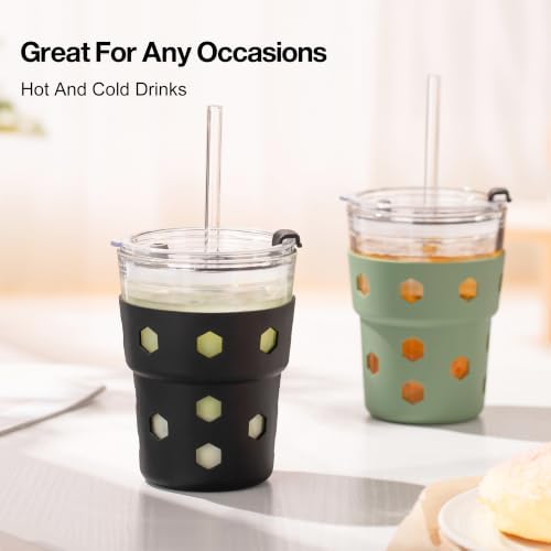 Mrsdry 12oz Iced Coffee Cup with Lids and Straws, BPA Free Reusable Glass Coffee Cups with Silicone Sleeves for Coffee, Iced tea, Thick Wall Glass Cup
