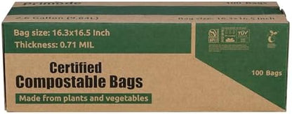 Compostable Bags, 2.6 Gallon Food Scraps Yard Waste Bags, 100 Count, Extra Thick 0.71 Mil. ASTMD6400 Compost Bags Small Kitchen Trash Bags, Certified By BPI And TÜV AUSTRIA