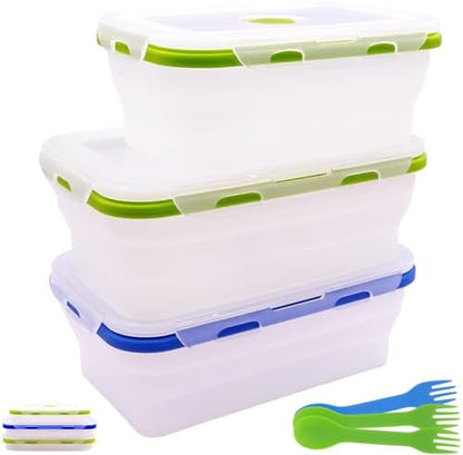 Collapsible Translucent Silicone Food Storage Containers With Lids, 3 Pack Foldable Bento Lunch Box, Reusable Medium Meal Boxes for Kitchen, Camping, BPA Free (40.6 OZ+40.6 OZ+27 OZ)