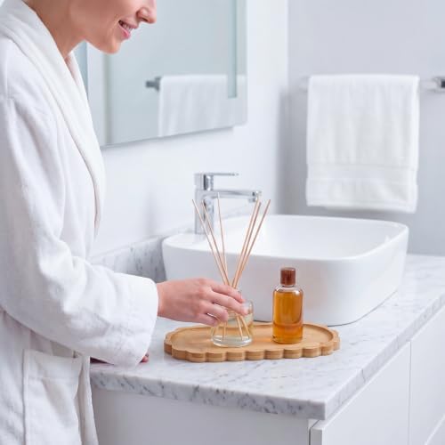 Scalloped Bamboo Soap Dispenser Tray Bathroom Rustic Decor Bamboo Countertop Tray Scalloped Soap Dish Jewelry Holder Vanity Bathtub Organizer for Bathroom Kitchen Home Decor (9'',Oval)