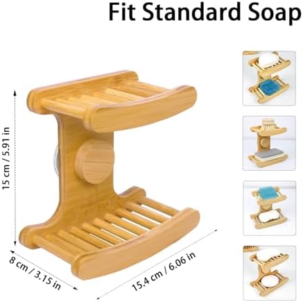 Suction Cup Soap Dish for Shower，Bamboo Soap Dish Holder for Shower, Suction Cup NO-Drilling, Self Draining for Bathroom，Natural Bamboo Color (Double soap Holder, Rectangular)