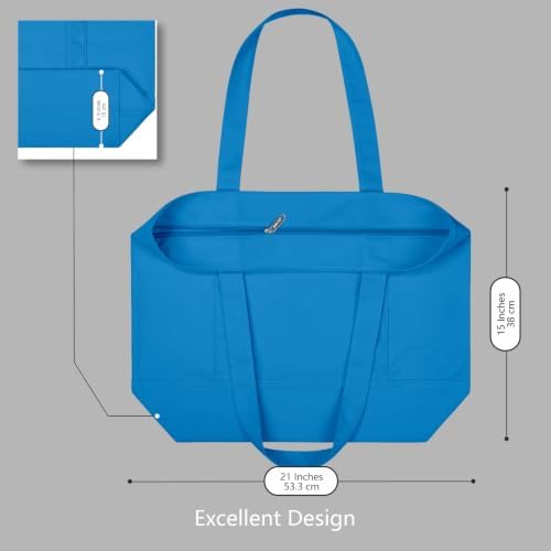 TOPDesign 1-Pack Canvas Tote Bag with an External Pocket, Reusable Grocery Shopping Bag, Top Zipper Closure, Daily Essentials (Ocean Blue)