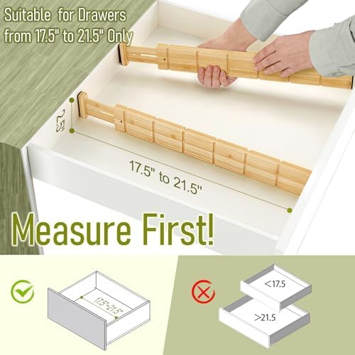 Whitmor Adjustable Bamboo Drawer Dividers, Expandable 17"-22" Drawer Organizer, Space-Saving, Non-Slip & Spring-Loaded Separators for Kitchen, Bedroom, Office, 4 Pack Dividers with 9 Baffles
