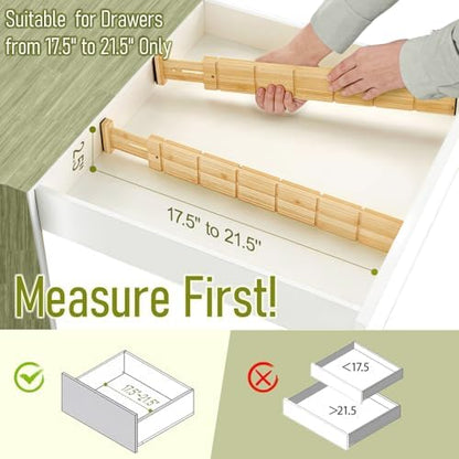 Whitmor Adjustable Bamboo Drawer Dividers, Expandable 17"-22" Drawer Organizer, Space-Saving, Non-Slip & Spring-Loaded Separators for Kitchen, Bedroom, Office, 4 Pack Dividers with 9 Baffles