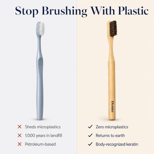 Dento Bamboo Toothbrush 4 Pack, Natural Horsehair Bristles, Soft