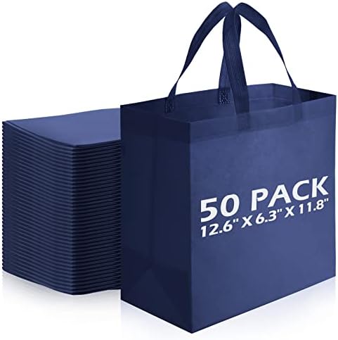 Reginary 50 Pieces Reusable Totes Bag Bulk Shopping Bags Non Woven Grocery handbag with Handles Foldable for Boutiques(Navy Blue)