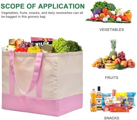 3-Pack Heavy Duty Canvas Reusable Grocery Bags, 8.3 Gal Foldable Large Tote with Handles, Washable Eco-friendly Bags with 5 Pockets, (Pink/Beige)