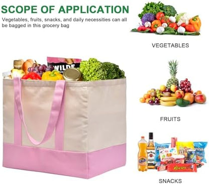 3-Pack Heavy Duty Canvas Reusable Grocery Bags, 8.3 Gal Foldable Large Tote with Handles, Washable Eco-friendly Bags with 5 Pockets, (Pink/Beige)