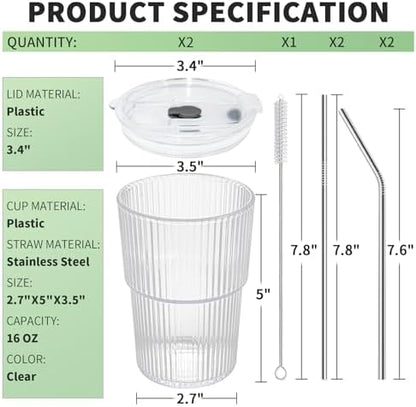Iced Coffee Cups with Lids and Straws Set of 2, 16 Oz Unbreakable Plastic Drinking Cups Reusable Iced Coffee Cup to Go for Iced Tea,Juice, Water,BPA Free, Dishwasher Safe