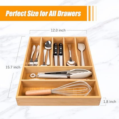 Bellsal Bamboo Silverware Drawer Organizer, Kitchen Utensil Drawer Organizers, 12"x15.7" Utensils Holder Cutlery Tray with Grooved Drawer Dividers for Kitchen Flatware Bedroom Office(7 Slot, Natural)
