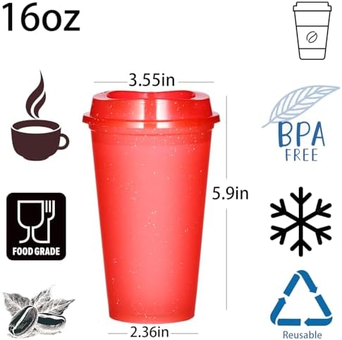 16oz Reusable Plastic Coffee Cups with Lids, 13 Pack, Glitter