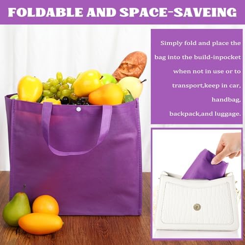 Zhehao 60 Pcs Reusable Grocery Shopping Bags Large Foldable Gift Tote Non Woven Fabric Bags with Handle and Plastic Button for Birthdays, Bridesmaids, Party Favors, 15 x 9.5 x 13 Inch (Purple)