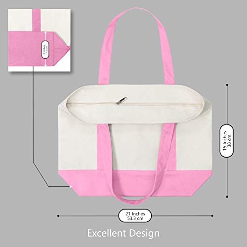 TOPDesign 6-Pack Canvas Tote Bags with an External Pocket, Reusable Grocery Shopping Bags, Top Zipper Closure, Daily Essentials (Pink/Natural)