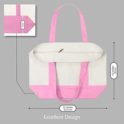 TOPDesign 6-Pack Canvas Tote Bags with an External Pocket, Reusable Grocery Shopping Bags, Top Zipper Closure, Daily Essentials (Pink/Natural)