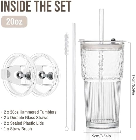 SoulTimes 20oz Wave Ribbed Glass Tumbler with Lid and Straw – Iced Coffee Glasses Cups for Smoothie, Matcha, Juice, Water etc. Leakproof and Reusable Glassware Drinking for Daily & Travel To Go [2Pcs]