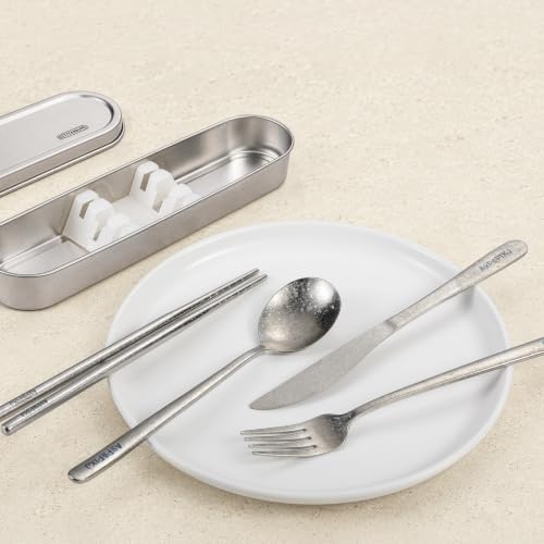 100% Pure Titanium Cutlery Set, Snowflake Pattern Titanium Tableware with 304 Stainless Steel Case & Silicone Holder, Ultralight Portable Utensils with Bonus Carry Bag for Camping