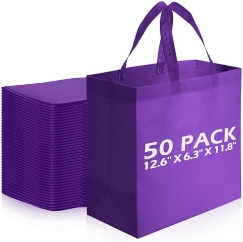 Reginary 50 Pcs Reusable Tote Bags Shopping Bags Non Woven, Purple