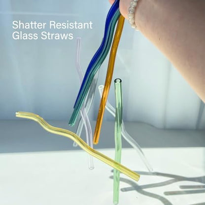 YUTRENN Reusable Glass Straws Sets of 8 Wavy Colorful Drinking Straw with 2 Cleaning Brushes, 8 inches 0.3" Thick Clear Straws High Borosilicate Glass Straw for Tumblers 10 Pack Gift Wrap