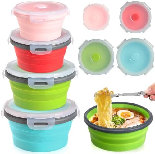 Suclain 4 Pcs Collapsible Bowls with Lids Silicone Camping Food Storage Container Expandable Folding Salad Lunch Box Travel Container for Hiking Camping