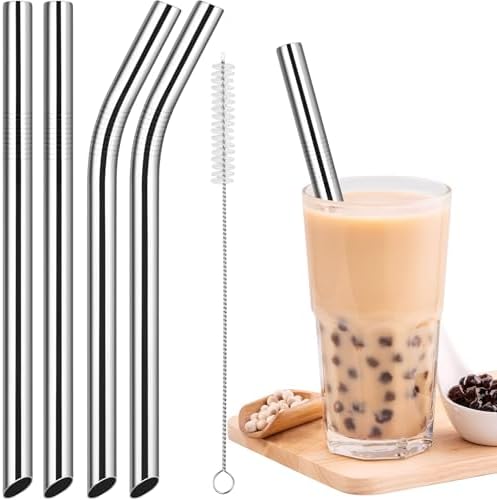 NiHome 4-Pack Stainless Steel Straws for Boba, Smoothie, 10.4” Metal Straws