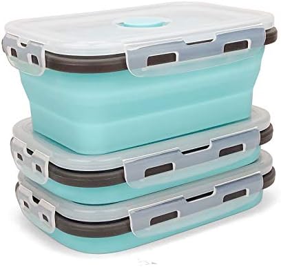 CARTINTS Set of 3 Collapsible Food Storage Containers with Lids, Collapsible Silicone Bowls, Silicone Lunch Containers, For Meal Prep, Camping, Travel, Microwave and Freezer Safe,500ml,Blue