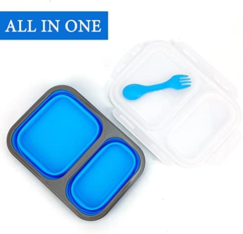 2 Compartments Collapsible Airtight Bento Box with Ideal Portion 600ml & 450ml and 2 in 1 Spoon & Fork, Food Grade Silicone Lunch Container for Adults Work Travel, Microwave Safe