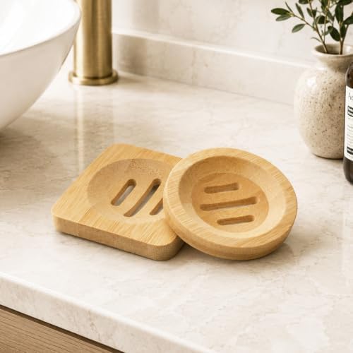 2 Pcs Bamboo Soap Holder, 2 Styles Soap Tray for Shower Kitchen Sink