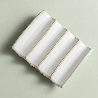 Soap Dish with Self Drain Fluted Design, Bar Soap Holder for Bathroom, Japanese Soap Tray for Shower, Bathroom and Kitchen Sink Organizer, Ceramic Soap Saver, White