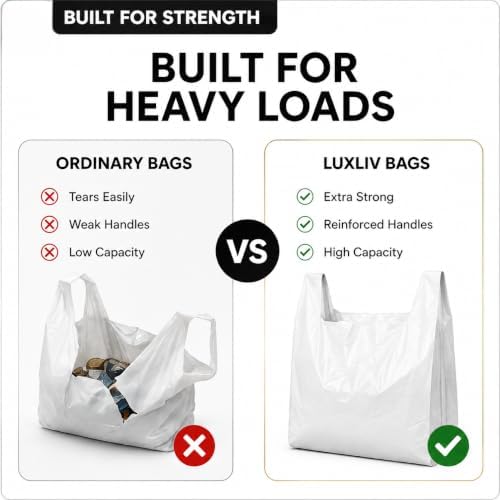 Reusable Heavy Duty White Plastic Shopping Bags with Handles, T-Shirt Grocery Carrier Bags, 12 x 18 x 24 Inch, HDPE Retail, Convenience Store & Takeout Bags, 1000 Pack