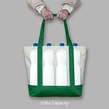 TOPDesign 6-Pack Canvas Tote Bags with an External Pocket, Reusable Grocery Shopping Bags, Top Zipper Closure, Daily Essentials (Green/Natural)