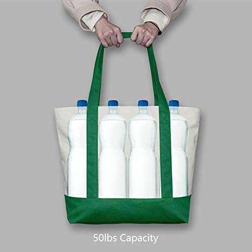 TOPDesign 1-Pack Canvas Tote Bag with an External Pocket, Reusable Grocery Shopping Bag, Top Zipper Closure, Daily Essentials (Green/Natural)