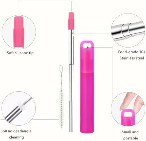 NAIVELY-Metal Reusable Straws 3 Pack Collapsible Portable Stainless Steel Drinking Straw Telescopic Travel Straw, with Case and Cleaning Brush Foldable Pocket Straws