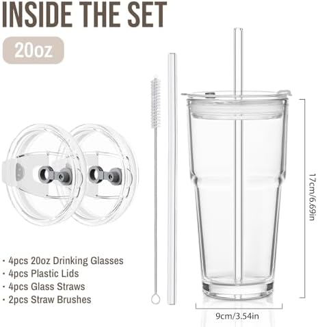 SoulTimes 20oz Clear Tumbler with bamboo Lid and Straw – Iced Coffee Glasses Cups for Smoothie, Matcha, Juice, Water etc. Leakproof and Reusable Glassware Drinking for Travel To Go 【4 Pack】