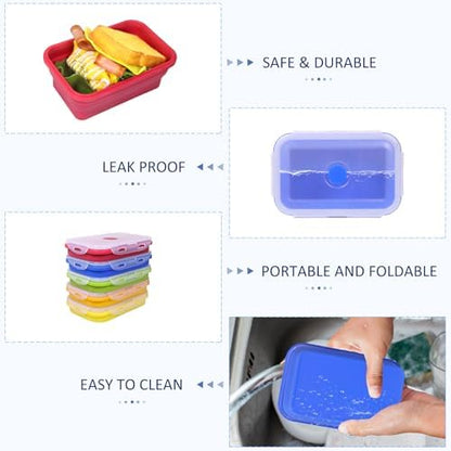 5 Pack Collapsible Silicone Food Storage Containers with Leak-Resistant Lids, 27oz Bento Lunch Boxes, for Kitchen, Office, Camping, Travel, BPA Free