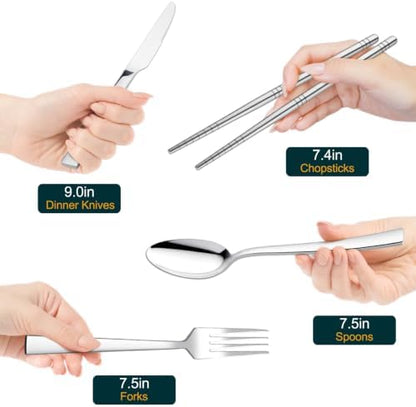 HaWare Portable Travel Utensils with Case, Stainless Steel Silverware Set for Camping Office School Lunch, Including Knife Fork Spoon Chopsticks, Reusable and Dishwasher Safe(Blue)