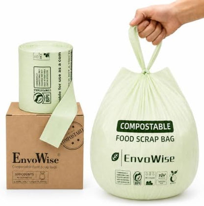 Compostable Food Scrap Bags, 2.6 Gal /10L, Handle-Tie, 100 Count
