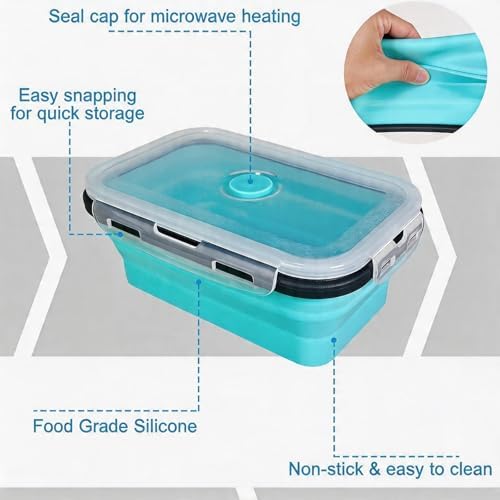 Collapsible Silicone Food Storage Containers Set, 4PCS Foldable Lunch Boxes with Lids & Air Vent, 27oz Multifunctional Travel Food Containers, Bento Boxes, Blue
