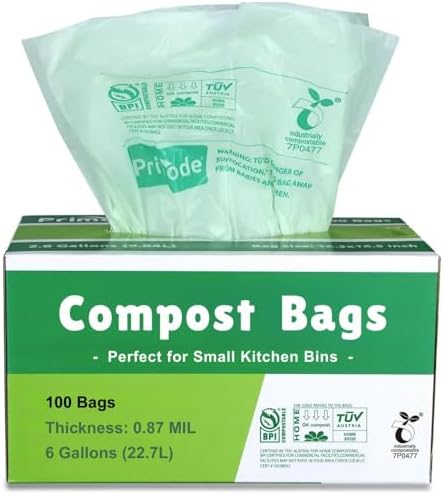 Compostable Bags, 6 Gallon Food Scraps Yard Waste Bags, 100 Count, Extra Thick 0.87 Mil. ASTMD6400 Compost Bags Small Kitchen Trash Bags, Certified By BPI And TÜV AUSTRIA,