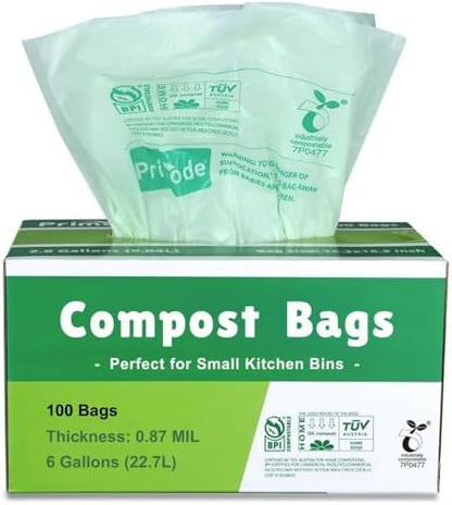 Compostable Bags, 6 Gallon Food Scraps Yard Waste Bags, 100 Count, Extra Thick 0.87 Mil. ASTMD6400 Compost Bags Small Kitchen Trash Bags, Certified By BPI And TÜV AUSTRIA,