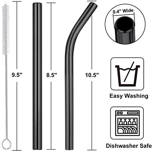 Vinaco 6 Pack Black 0.4" Wide Bore Reusable Stainless Steel Smoothie Straws