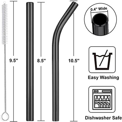 Vinaco 6 Pack Black 0.4" Wide Bore Reusable Stainless Steel Smoothie Straws