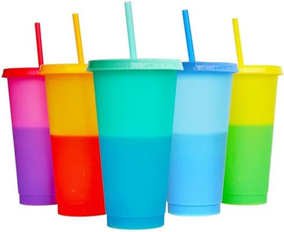 Color Changing Cups, 5 Pack 24oz Plastic Tumblers, Reusable Iced Coffee & Smoothie Cups with Lids and Straws for Parties and Travel (5 Change, 5 Packs)