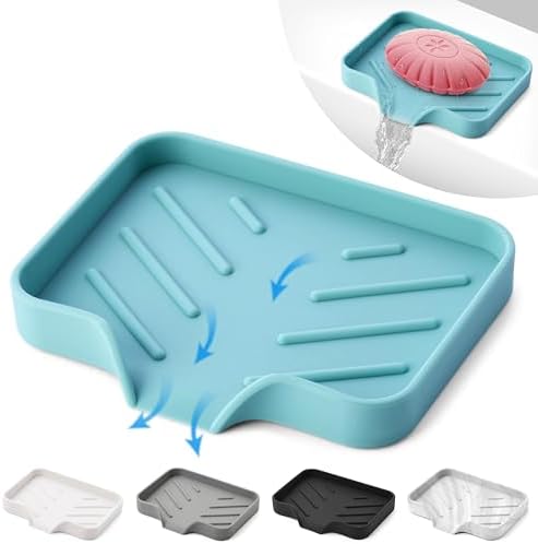 Light Green Silicone Soap Dish Tray, Self-Draining Soap Holder for Bar Soap, Silicone Soap Tray with Drainage, Soap Dishes for Kitchen Counter