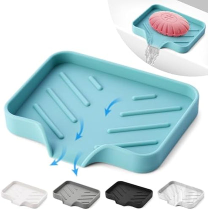 Light Green Silicone Soap Dish Tray, Self-Draining Soap Holder for Bar Soap, Silicone Soap Tray with Drainage, Soap Dishes for Kitchen Counter