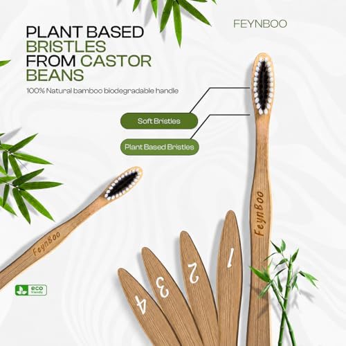 Bamboo Toothbrushes Soft Bristles 6 Pack - BPA Free Bristles Toothbrushes Teens and Adults - Eco-Friendly, Natural Wooden Toothbrush (Light Brown, Black, White).