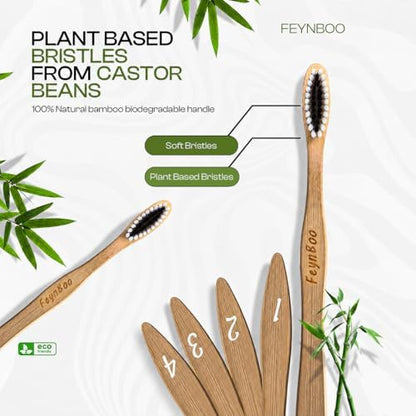 Bamboo Toothbrushes Soft Bristles 6 Pack - BPA Free Bristles Toothbrushes Teens and Adults - Eco-Friendly, Natural Wooden Toothbrush (Light Brown, Black, White).