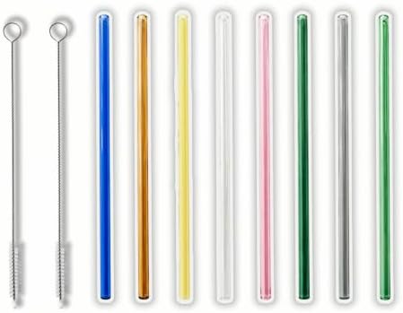 8 Pack Reusable Straight Glass Straws,8 Inch Food Grade Heat Resistant,BPA FreeLead-Free Multicolor Glass Straws for Smoothie Milkshake Juice Cocktail Tea Hot Drinks,with 2 Cleaning Brushes