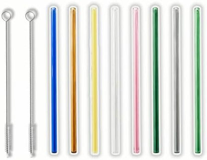 8 Pack Reusable Straight Glass Straws,8 Inch Food Grade Heat Resistant,BPA FreeLead-Free Multicolor Glass Straws for Smoothie Milkshake Juice Cocktail Tea Hot Drinks,with 2 Cleaning Brushes