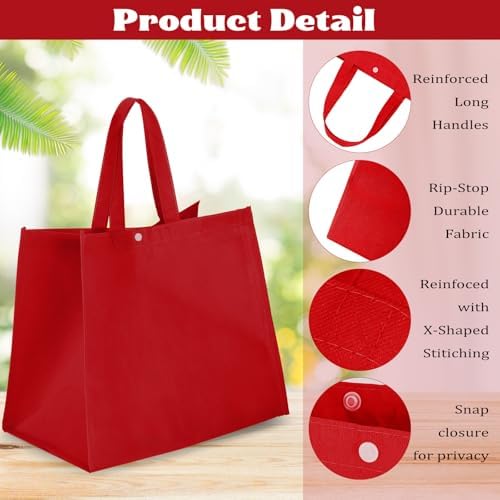 Zhehao 60 Pcs Reusable Grocery Bags Bulk Large Foldable Shopping Tote Bags Non Woven with Handle and Plastic Button(Red)